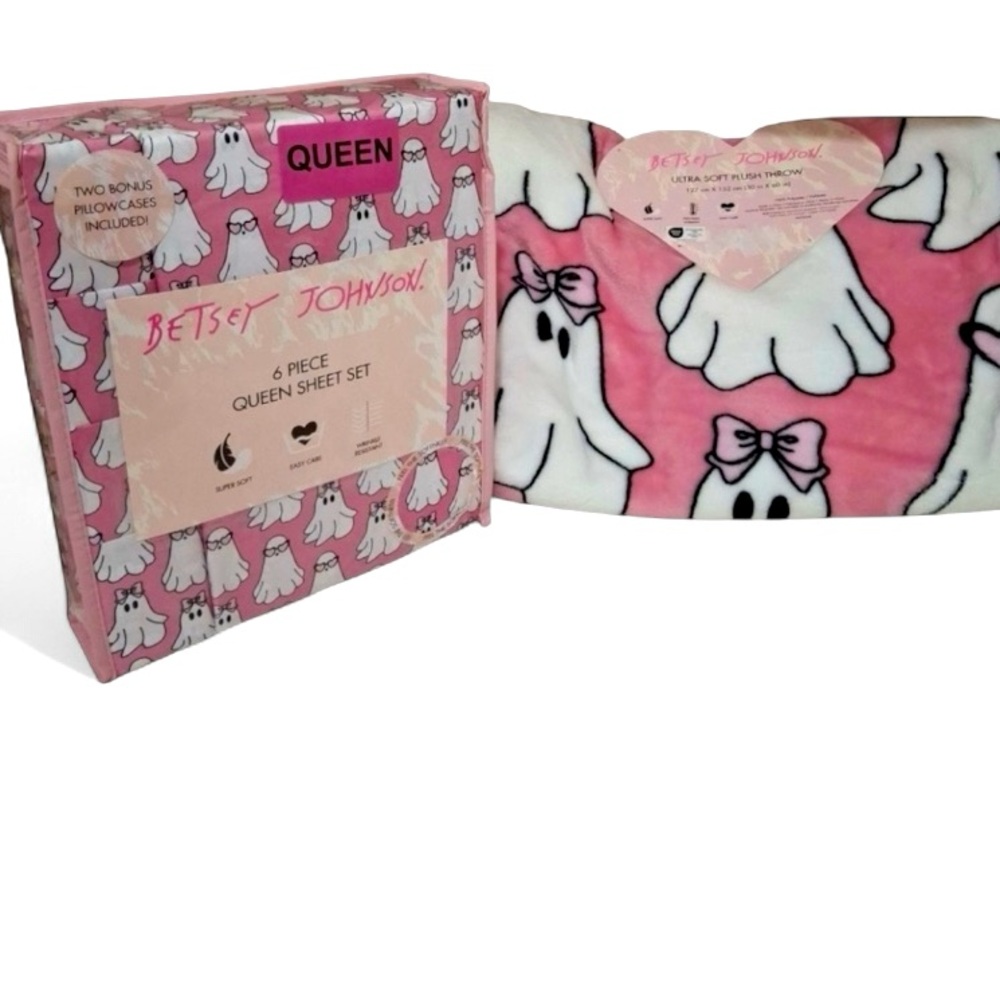 Betsey Johnson Halloween Pink Bow Glasses Ghost Throw Blanket & Queen Sheet Set